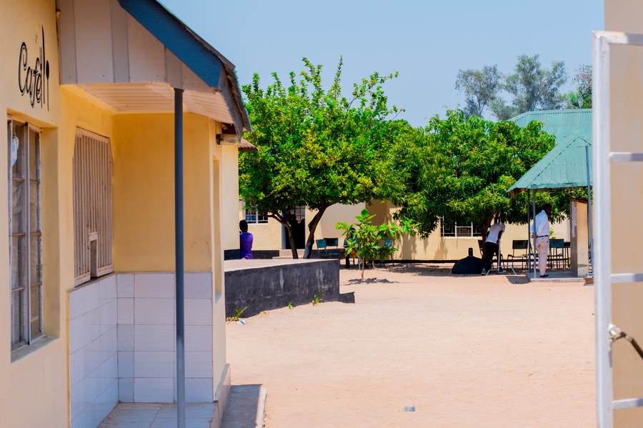 School courtyard and café area between lessons